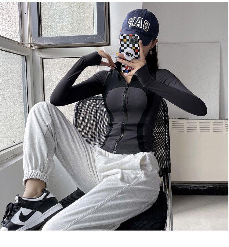 Herbst/Winter Slim Fit Damen Stehkragen Reißverschluss Fitnessjacke - Langarm Yoga Sportbekleidung