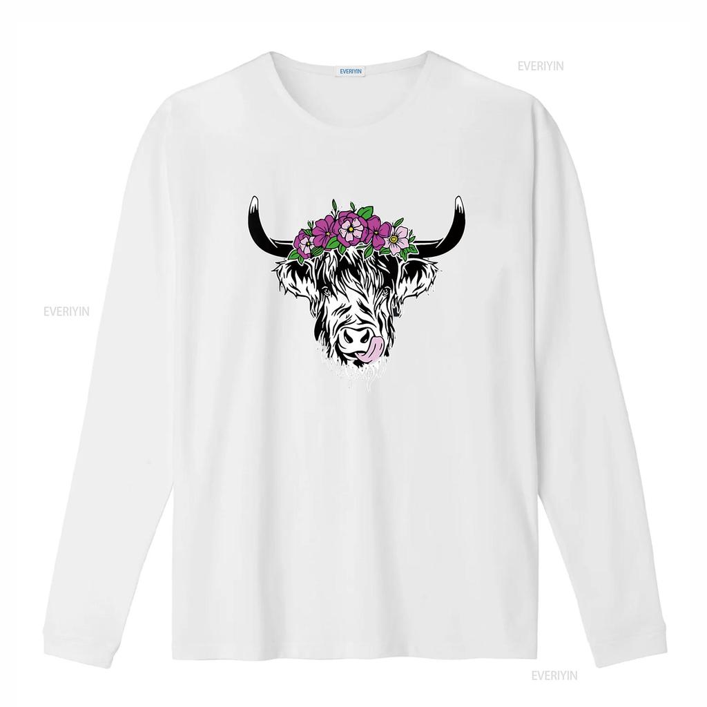 Damen Schottische Hochlandkuh Rinder Haarige Blumen Damen T-Shirt Schwarz Vintage Gewaschen Designer-Kleidung Dehnbar Mode