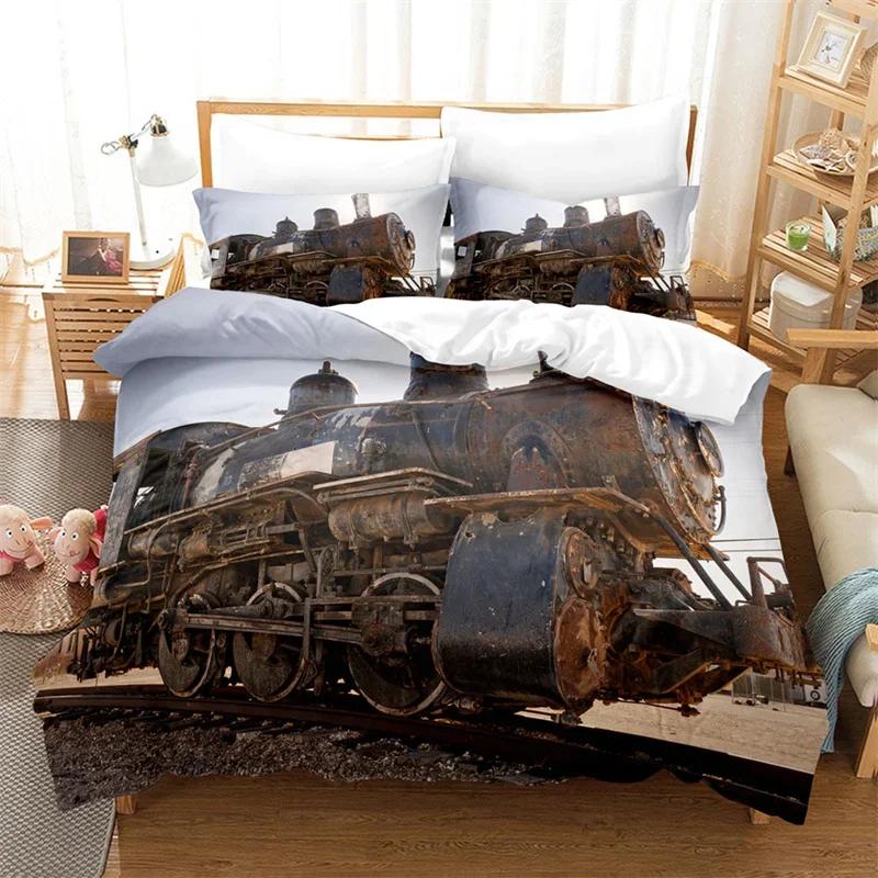Comforter Steam Engine King Queen Microfiber Vintage Locomotive In Countryside Scenery Green Grass Train Pattern Bedding Set