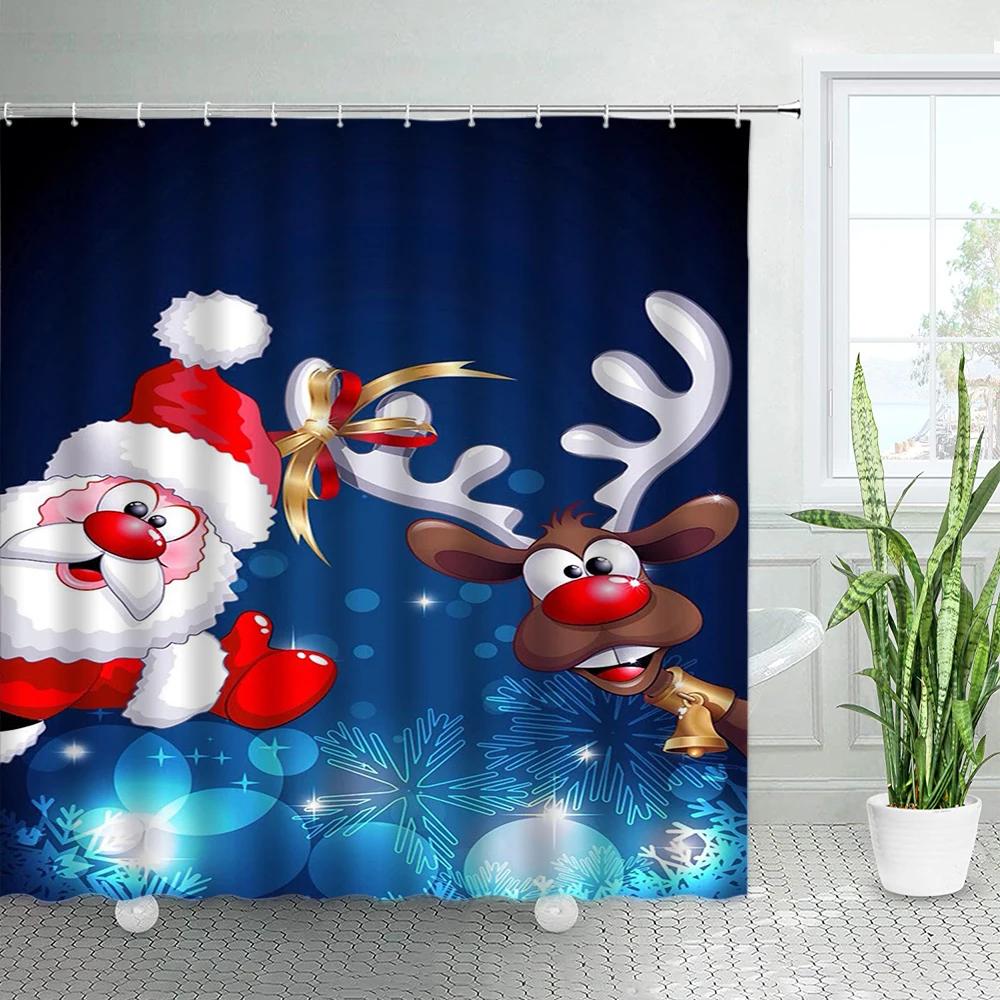 Funny Cartoon Santa Claus Snowman Christmas Shower Curtains Set Winter White Cedar Snowflake Holiday Decor Xmas Bathroom Curtain