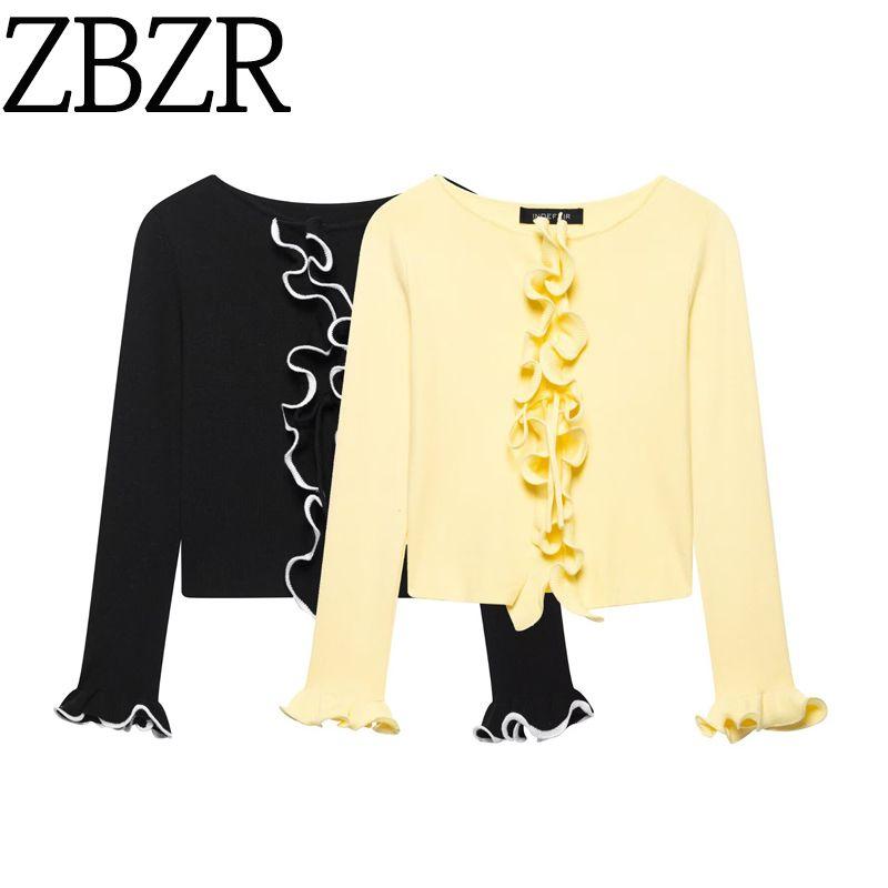 Zbzr Spring New Women Clothes Western Style Lace Patchwork Contrast Color Long Sleeve Knit Cardigan Slimming Short Top