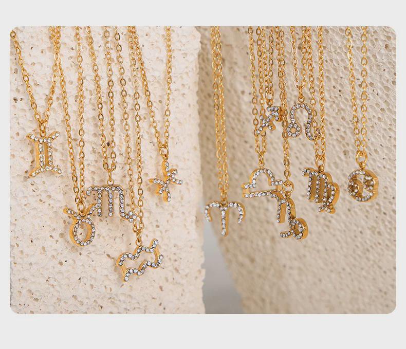 Custom Fashion Gold Titanium Steel Necklace with Zodiac Pendant and Rhinestones