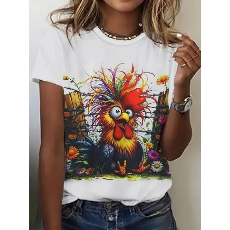 Sommer Rund Hals 3D Dyreprint Topp Moteable Casual Kortarmet Dame T-skjorter