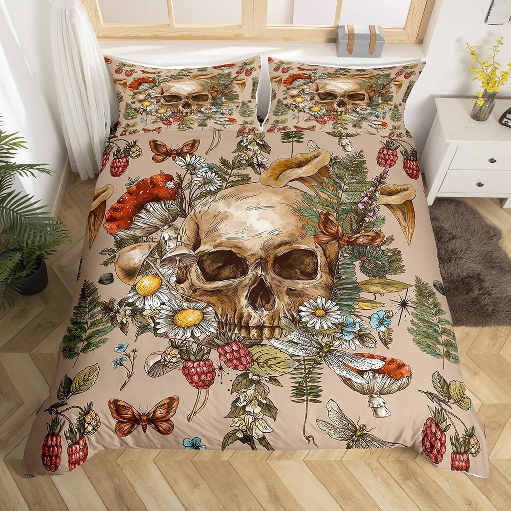 Gothic Skull Bedding Set King Queen Bohemian Skeleton Sun Duvet Cover Trippy Mushroom Comforter Cover Flower Plant Quilt Cover