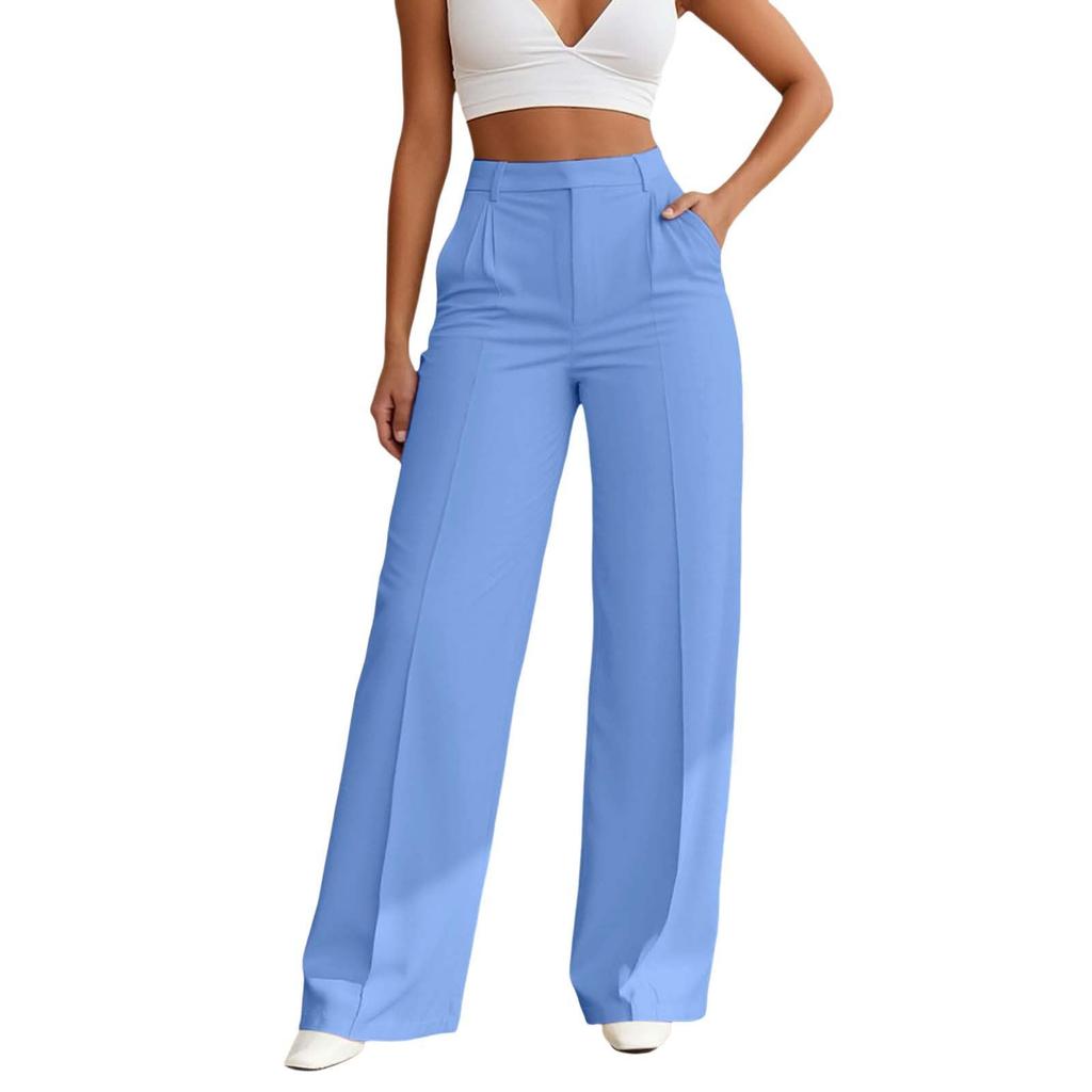 Women Elastic High Waist Pant Casual Fit Wide Leg Long Pants Trousers With Pockets
