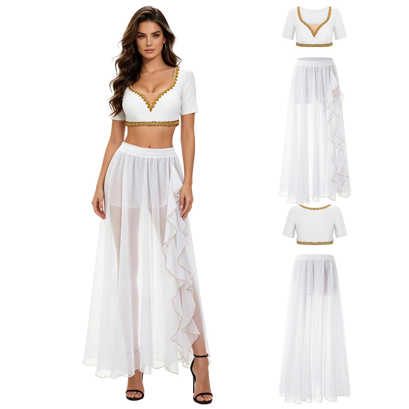 

Ladies Belly Dance Outfit V Neck Gold Trim Crop Top Short Sleeve with Elastic Waistband Side Split Ruffle Chiffon Skirt for Performance білий