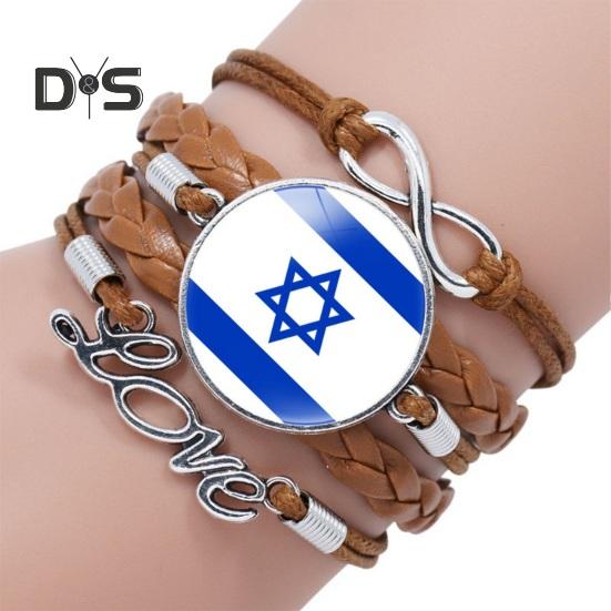 Round Israel Flag Decor Bracelet Multi Layer Adjustable Handmade Bracelet Metal Letter Decor Faux Leather Wristband Jewelry Gift