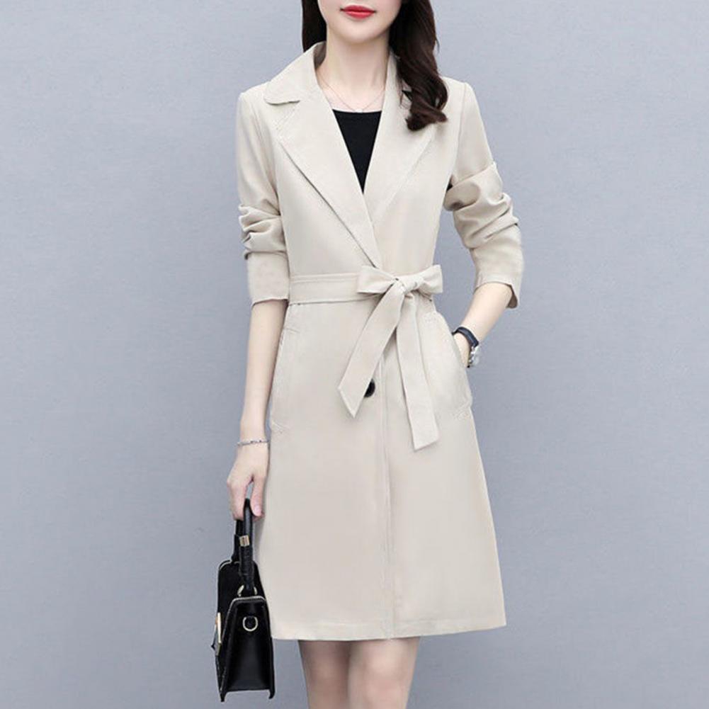Women Fall Spring Coat Lapel Cardigan Double Buttons Trench Coat Solid Color Mid Length Pockets Business Jacket