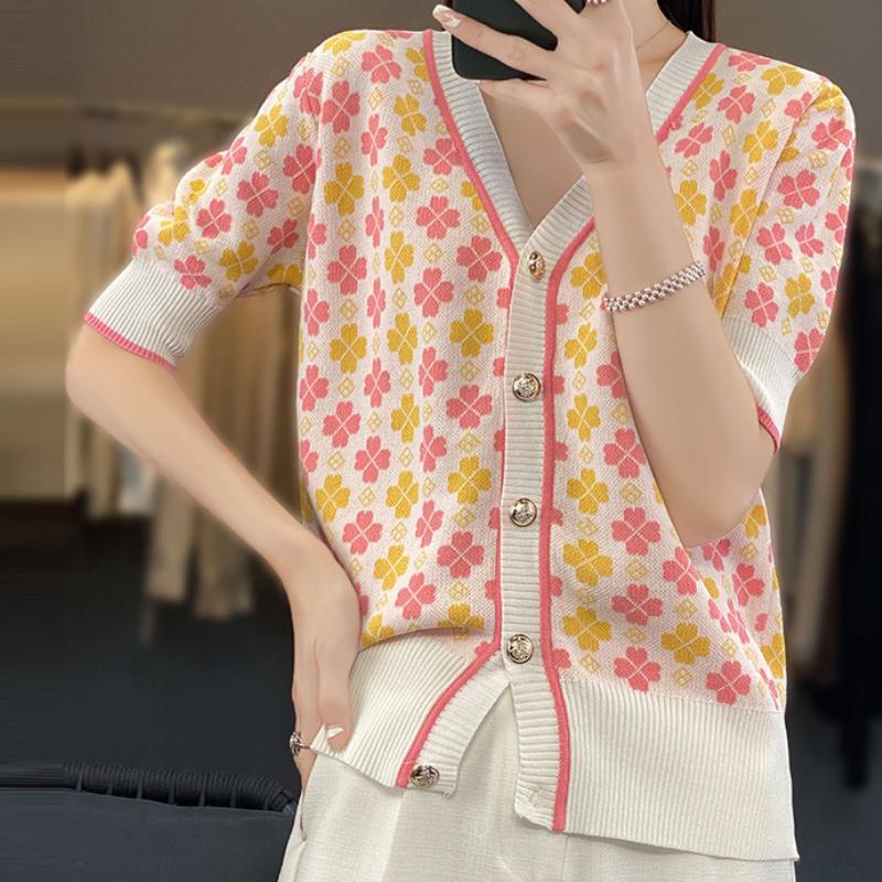 

Кардиган женский вязаный из ледяного шелка с V-образным вырезом, с мелким цветочным бисером, летний, новый, свободного кроя, тонкий, с коротким рукавом XXL