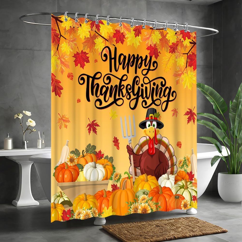 Happy Thanksgiving Day Shower Curtain Turkey Pumpkin Decorations For Autumn Fall Harvest Festival Give Thanks Thankful Fabric