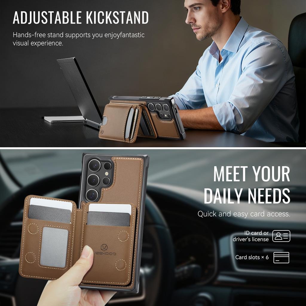 For Samsung Galaxy S26 Ultra Magnetic Case JEEHOOD J10 Leather Back Phone Cover with Detachable Card Holder Kickstand
