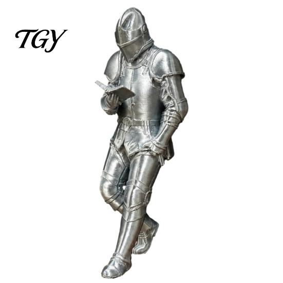 Armored Knight Bookend for Library Medieval Bookshelf Decor, Silver-Finished Statue, Fantasy Home Silver Ornament Mantel Office Desktop Ornament,