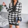 Autumn Winter Women Houndstooth Knitted Dress V Neck Long Sleeve High Waist Pack Sizes S To L