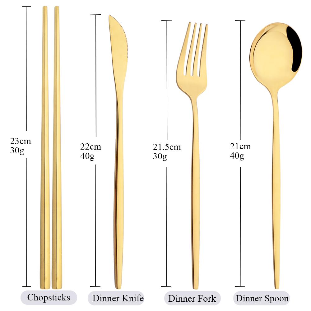 4Pcs Mirror Stainless Steel Tableware Gold Portable Dinnerware Knife Fork Spoon 304 Chopsticks Cutlery Set Western Flatware Set