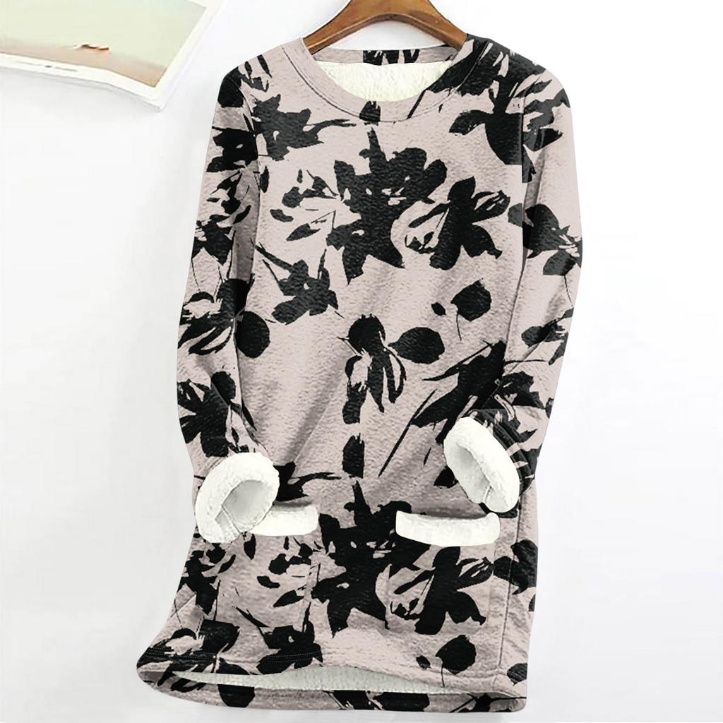 Dámský top s kulatým výstřihem s potiskem, zahuštěný plyšový kašmírový hřejivý dlouhý top