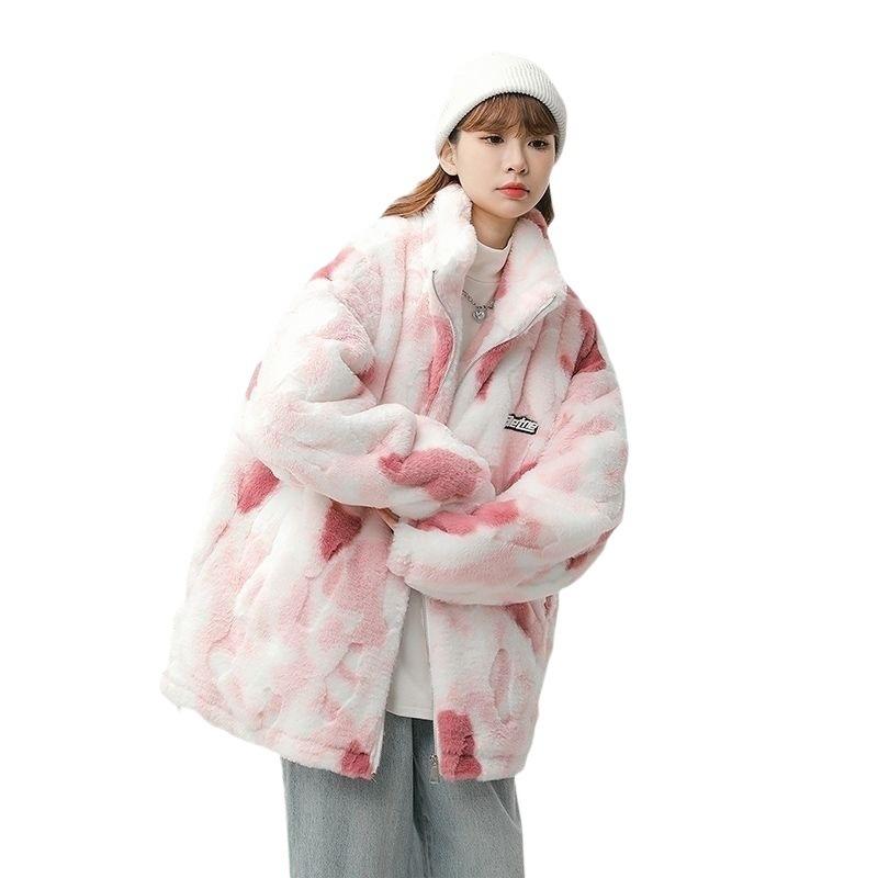 Winter New Trendy Brand Tie-dye Stand-up Collar Lamb Wool Jacket for Men and Women Street Casual Padded Couple Cotton-padded Clothes