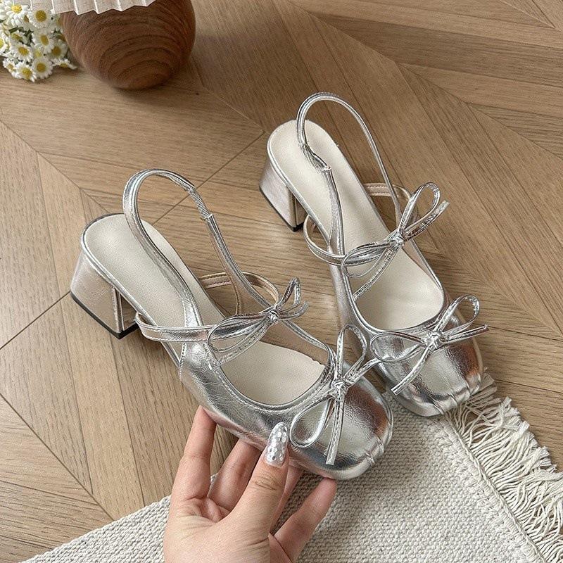 

French bag head sandals women s summer wear fairy style beautiful bow thick heel Mary Jane shoes temperament high heels 39