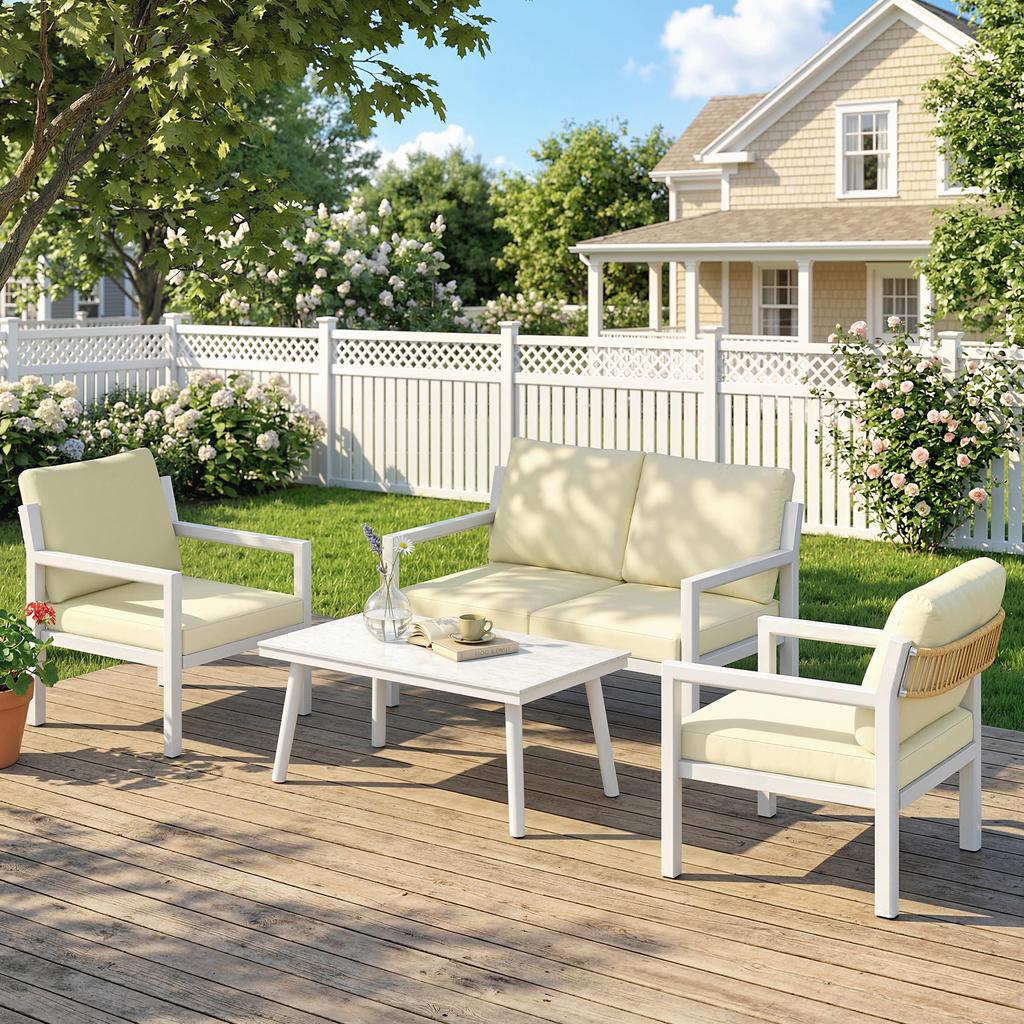 4 Seater Rattan Garden Furniture Set with 2 Armchairs, Loveseat, Coffee Table, Garden Sofa Set with Cushions, Beige