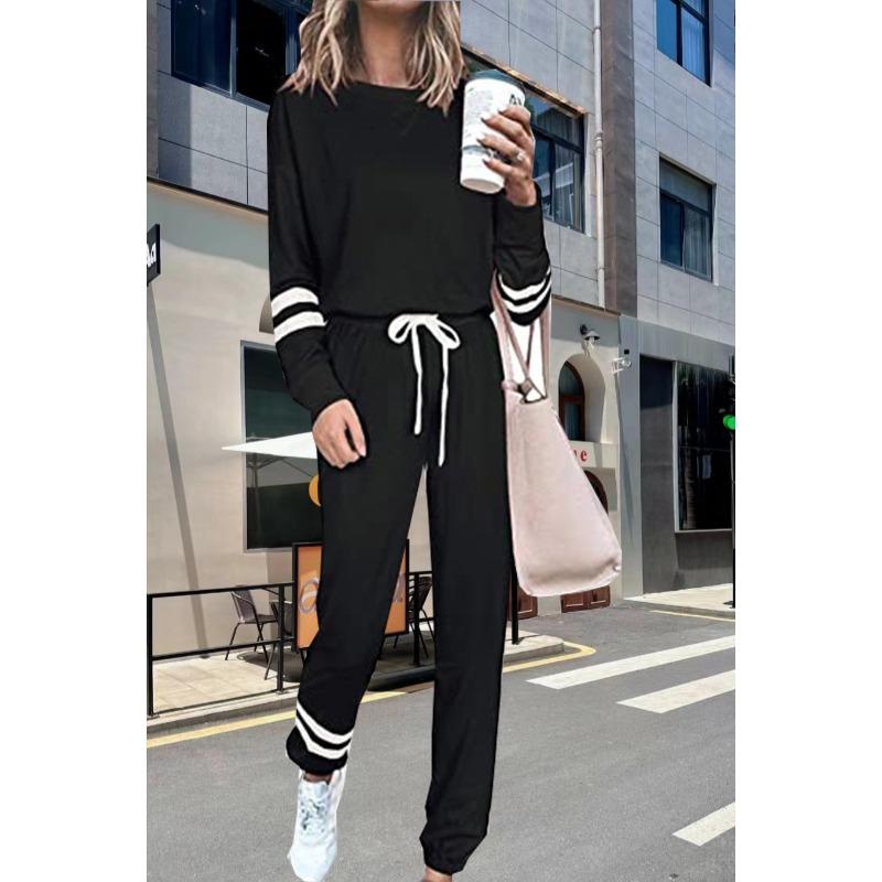 Damen Gestreifte Bündchen Langarm Kordelzug Locker Freizeit Trainingsanzug 2-teiliges Hosen-Set Loungewear Outfits