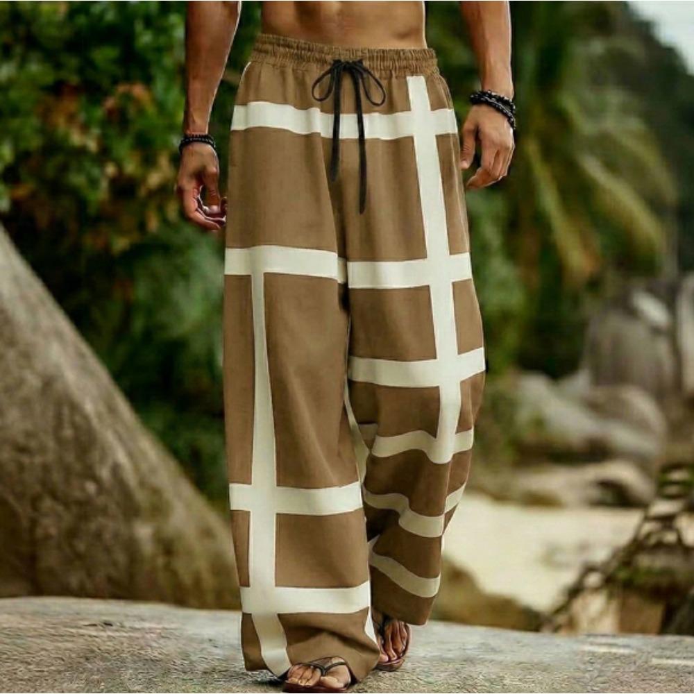 Men's 3D Geometric Pattern Printed Baggy Casual Trousers,  Elastic Drawstring Waist with Pockets, for Spring Summer Home Outdoor Vacation