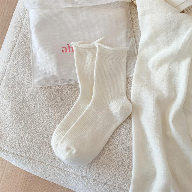 

1 Pair Autumn Winter Warm Slouch Socks Korean Solid Color Rolled Cuff Mid-Calf Socks INS Aesthetic Casual Thermal Fleece Lined One Size