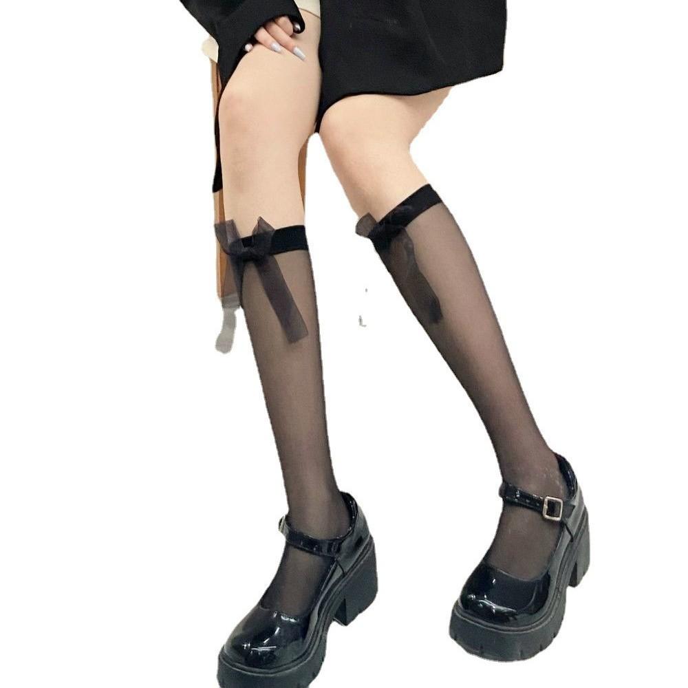 Meias de Cano Médio com Laço de Fita Verão Ultra Finas Lolita Japonesa Menina Suave Meias de Meia-Perna Meias JK Mostram Pernas Finas