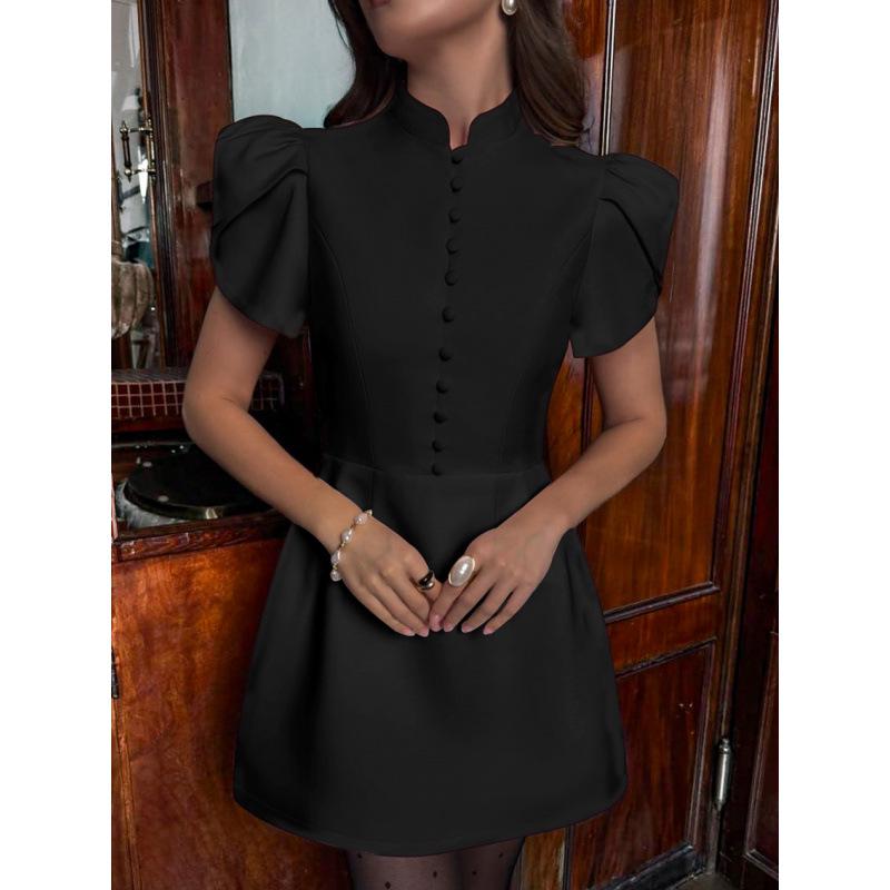 2026 Summer Stand Collar Puff Sleeve High Waist Dress for Women – Trendy European & American Style