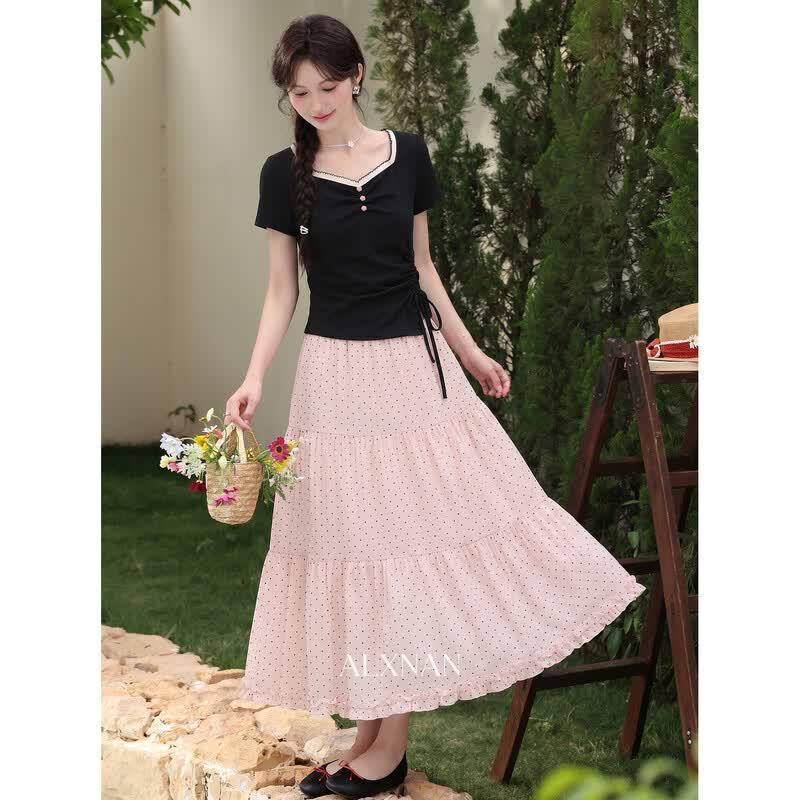 Luxiangnan French Chic Black Short-Sleeve T-shirt S