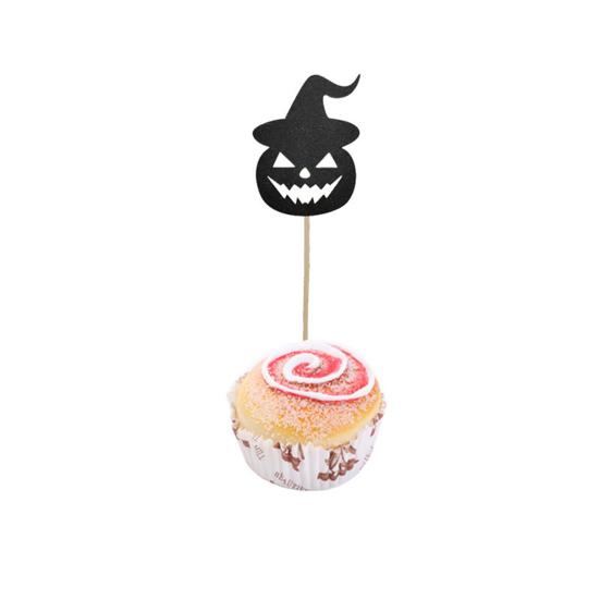 Wooden Skewer Cake Topper 8 Pcs Halloween Cupcake Toppers, Black Glitter Witch Hat Pumpkin Picks for Party Supplies, Birthday Decoration Durable