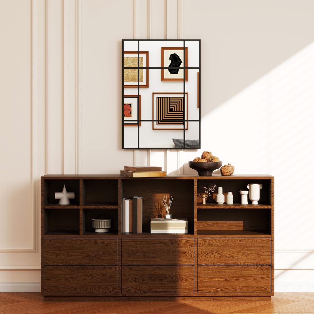 Wall Mirror, Rectangular Window Style, Horizontal/Vertical Mount, 4 Hooks, Black Metal, 50 x 70 cm
