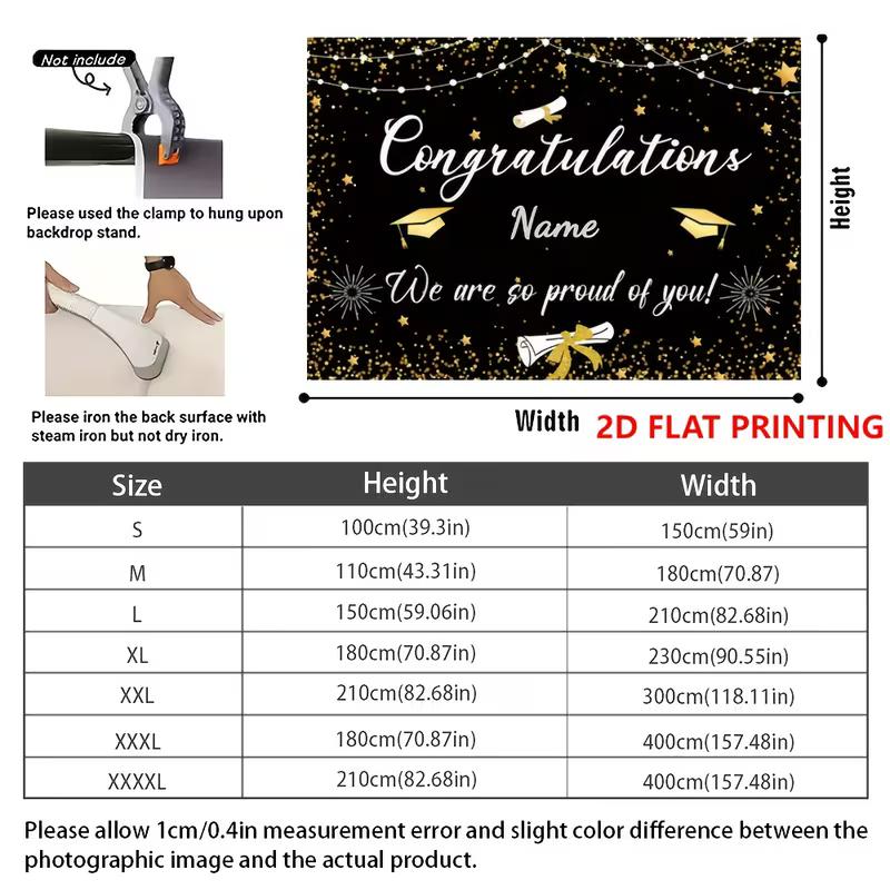 Elegant Graduation Backdrop, Sleek Black and Gold Design with Customizable Name, Graduation Icons and Twinkling Lights, Festive Party Wall Decor