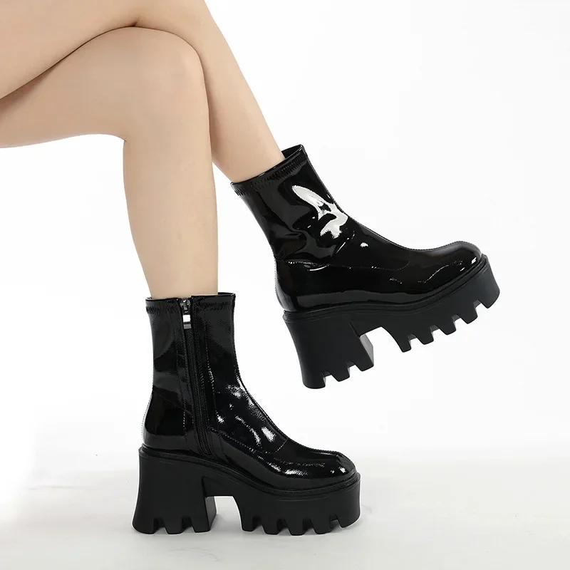 Fashion 9cm Female Platform Wedges Boots Black Autumn Ankle Boots For Women High Heels Ladies Leather Shoes Back Zipper High Quality