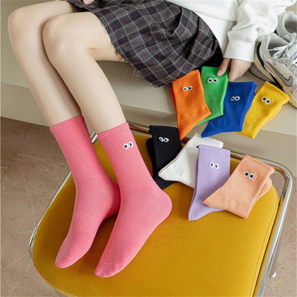 Nouvelles Chaussettes Mi-Tubes Brodées Yeux Grands pour Femmes Ins Tendance Colorées Dessin Animé Mignon Coton Doux Sport Sokken Dropship