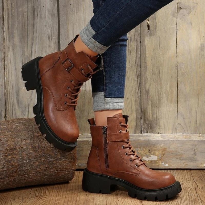 Dameslaarzen Retro Dames Enkellaars Hoge Kwaliteit Casual Leren Laars Antislip Platformlaarzen Mode Motorlaarzen Botas2026