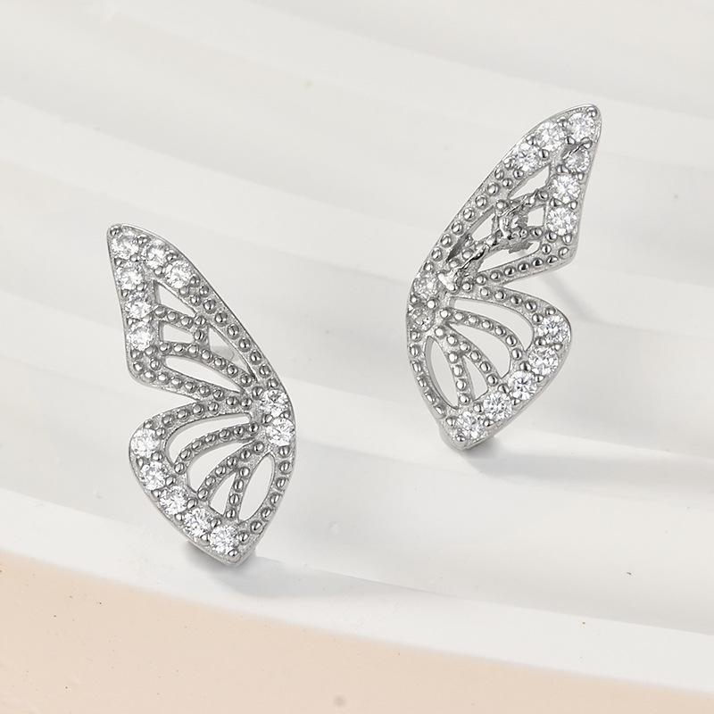 S925 Sterling Silver Zircon Butterfly Stud Earrings, European & American Style, Niche High-End Fashion Jewelry
