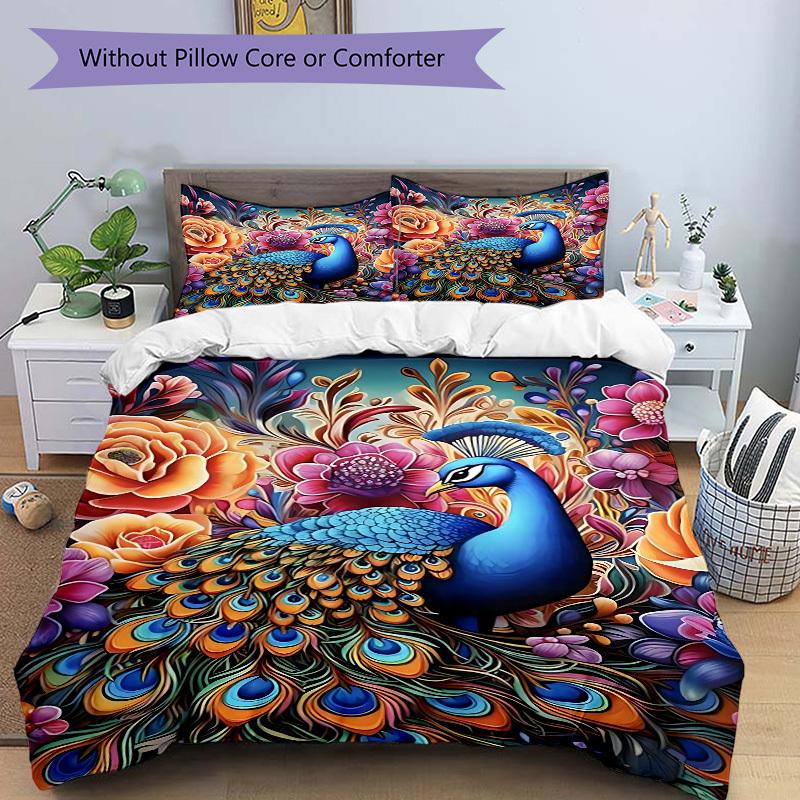 3pcs Peacock Feather Print Duvet Cover Set - Includes 1 Duvet Cover and 2 Pillowcases, No Quilt Core, All-Season Home Decor yy251111073