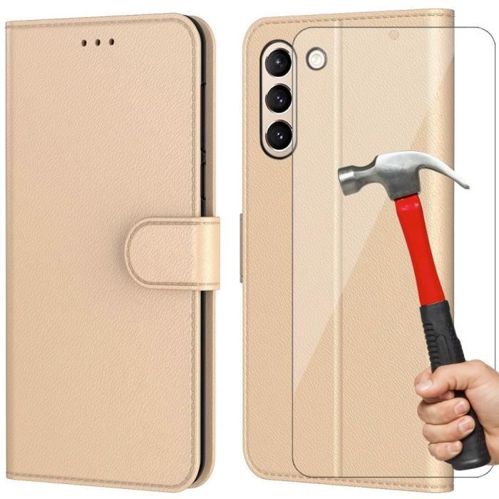 Coque et 2 Verres Trempés - Booling - pour Samsung S21 FE - Doré - Protection 360 - Effet Cuir
