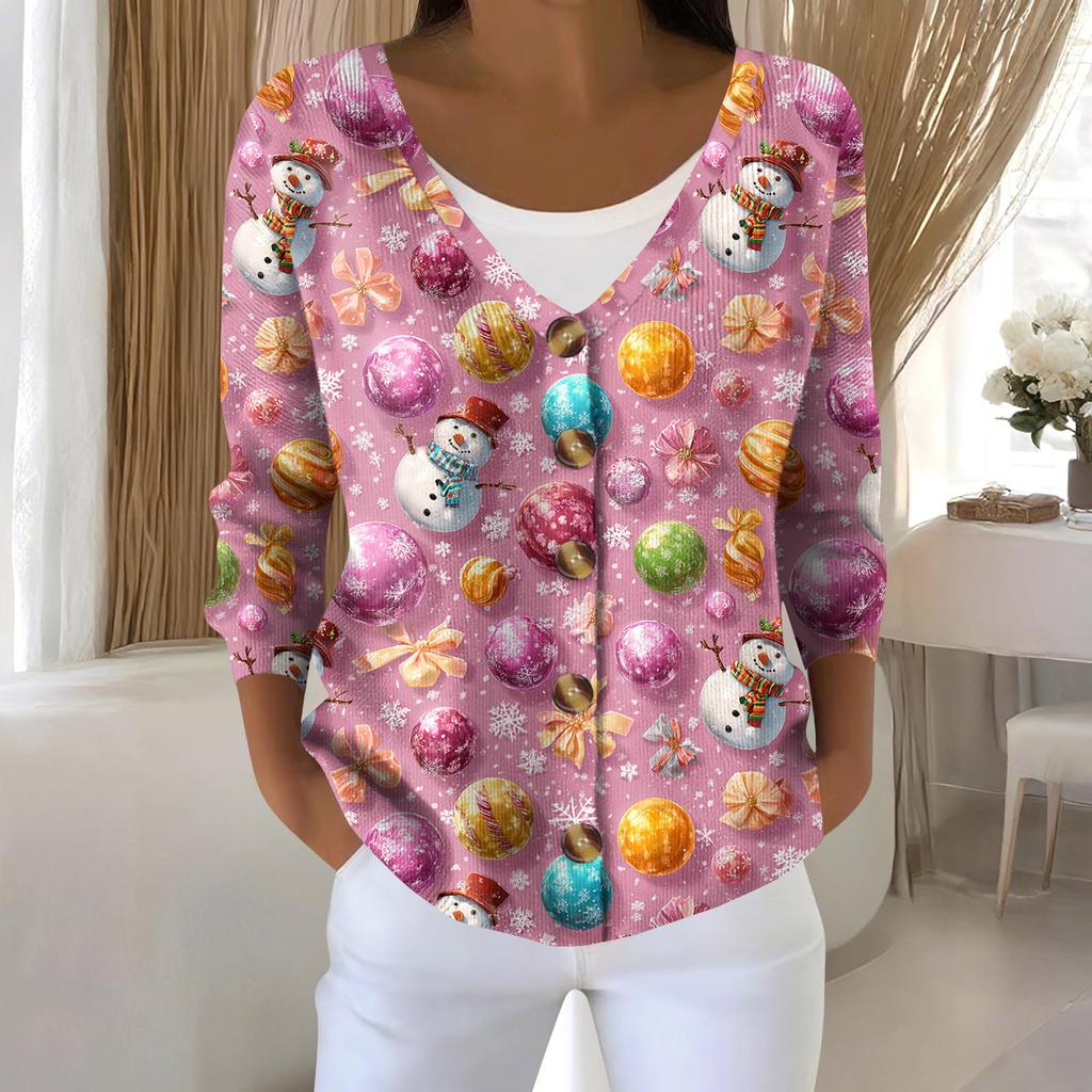Women's Fashion Long Sleeve Christmas Snowman Snowflake Print Jacket Cardigan