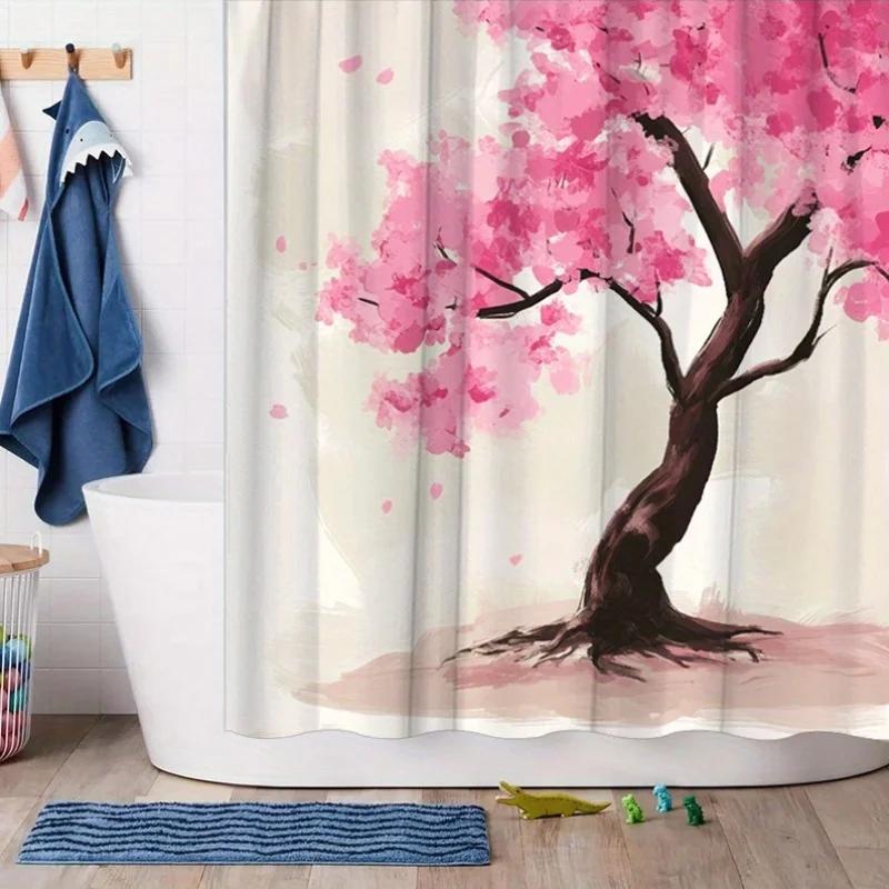 1pc Pink Blossom Tree Shower Curtain - Soft Impressionistic Design, Polyester, 70.8x70.8In, 12 Hooks, Washable & Durable