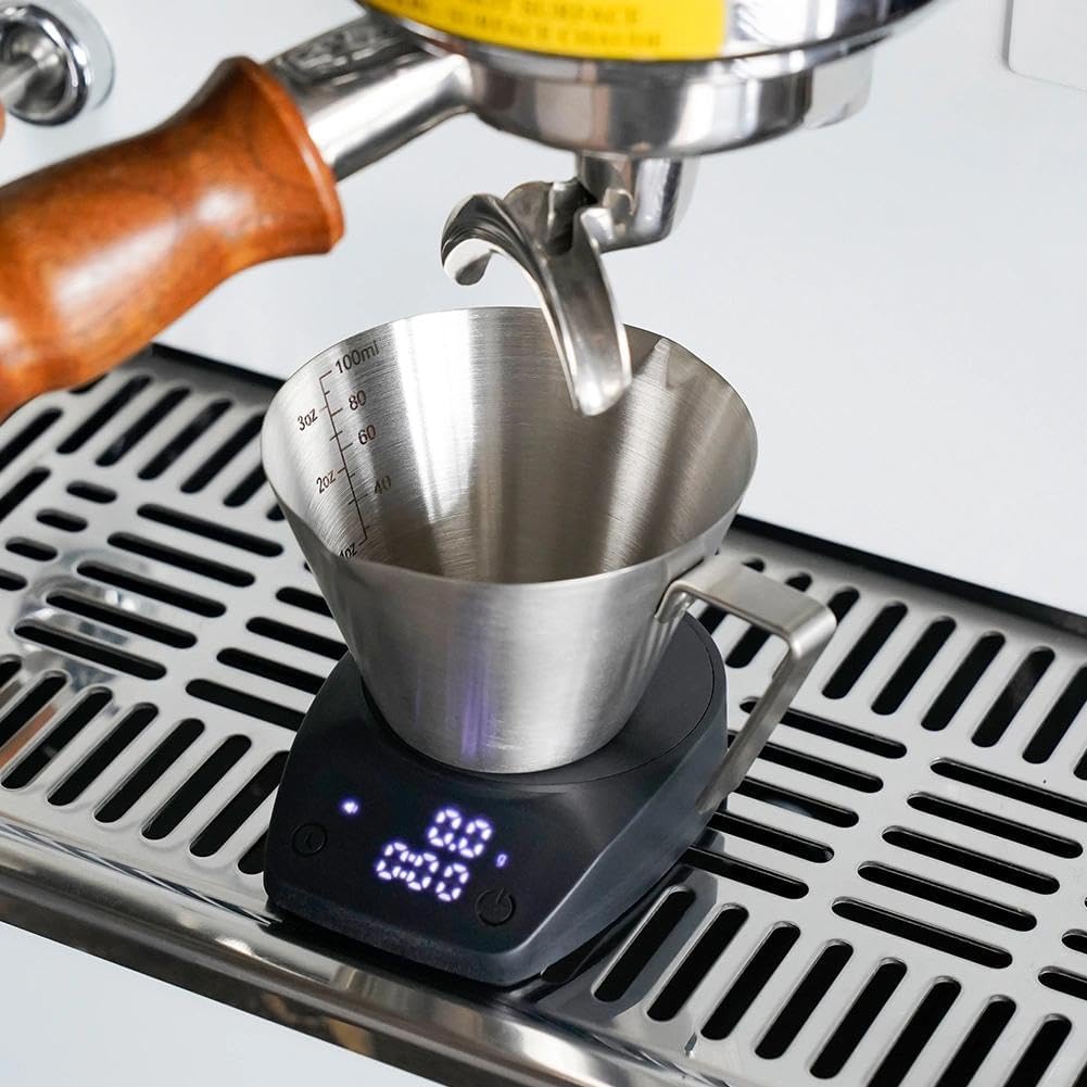 Watchget Espresso Shot Cups, 2-Pack, Stainless Steel, Double Spout, Dual Scale, Measuring Cup with Handle, 3.4ml100ml Capacity, Coffee Espresso