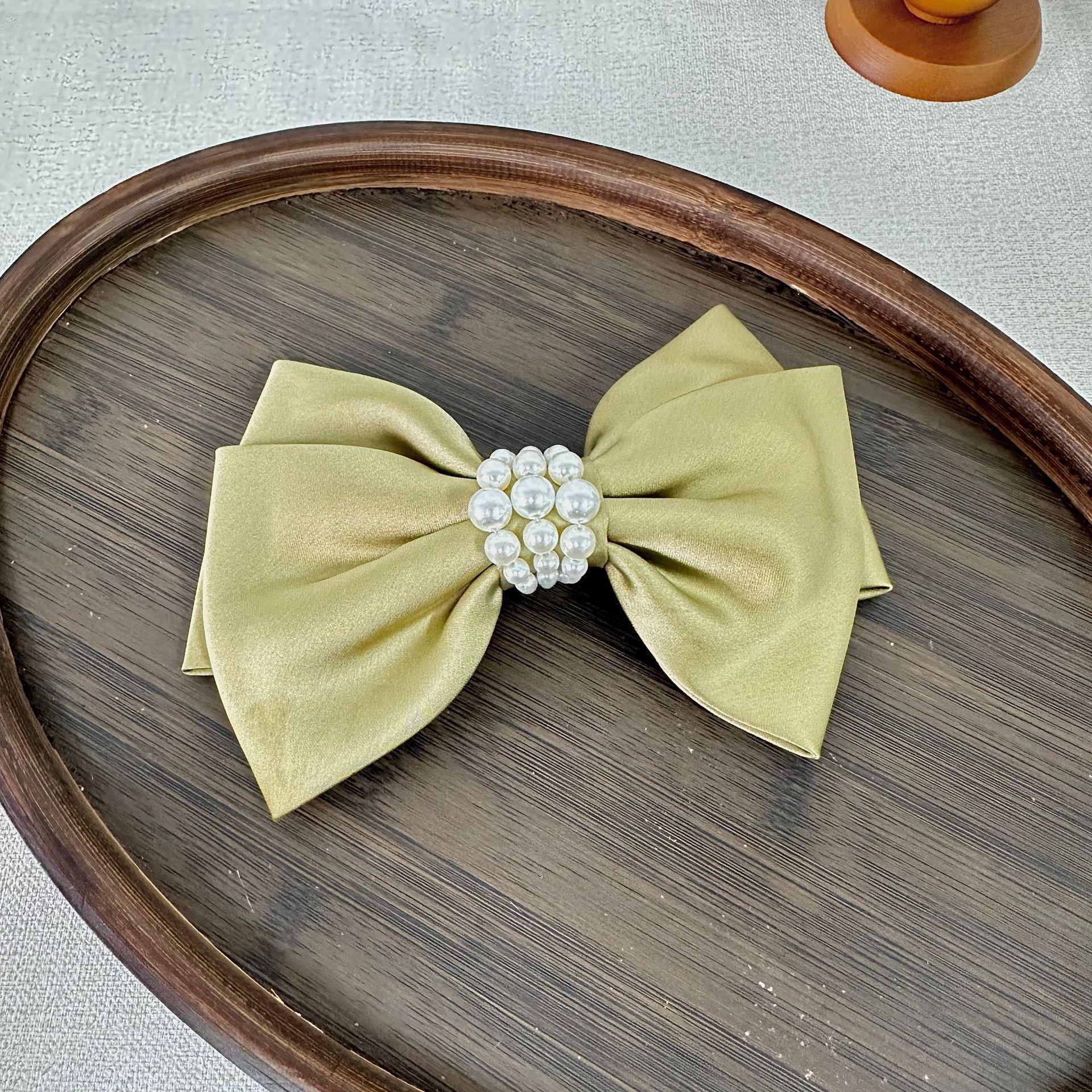 

2024 Satin Bow Hair Clip with Pearls for Women зелёный