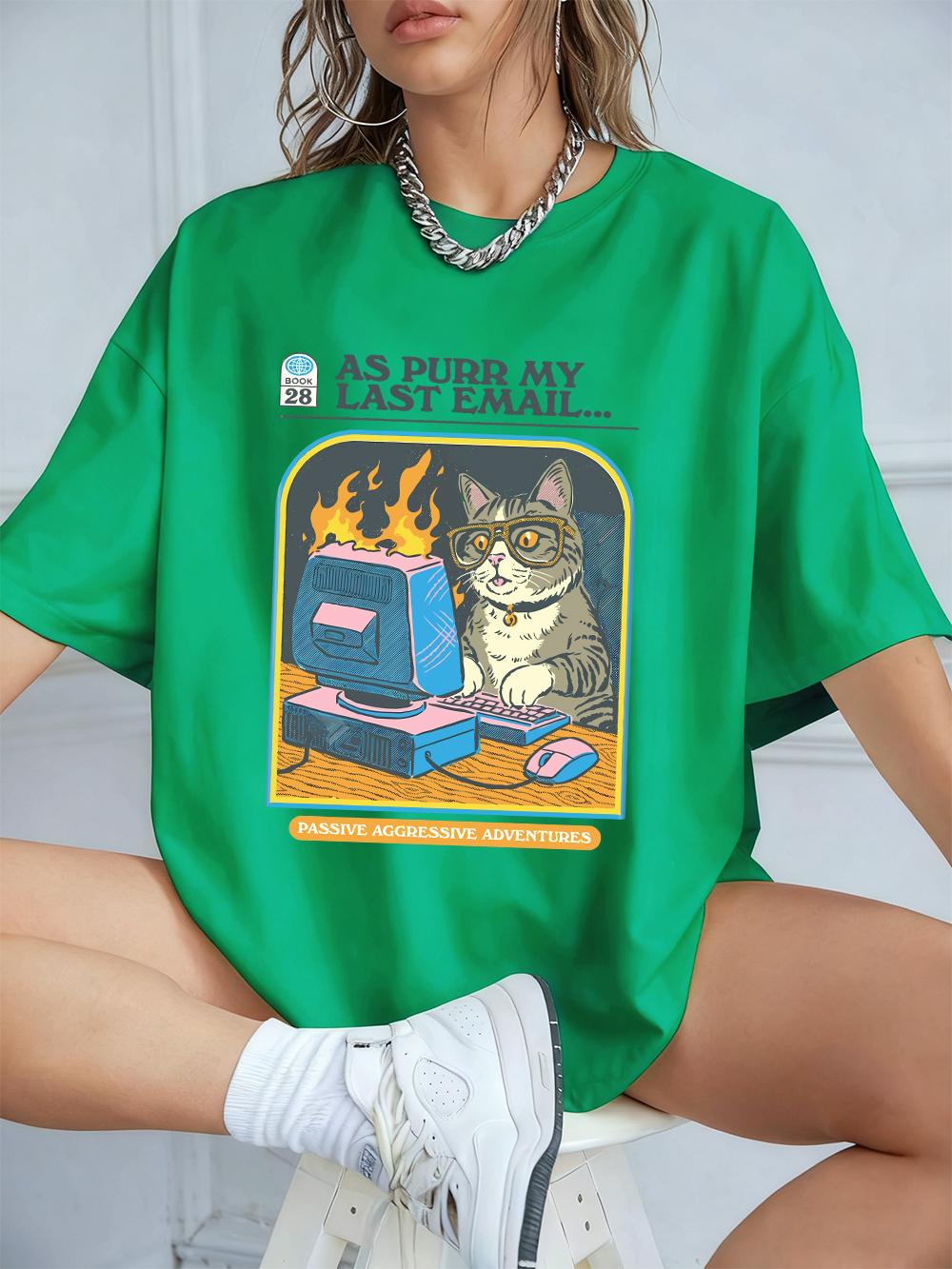 

Cat Playing Computer Games Printed TShirts Womens Summer Cotton Short Sleeve T Shirt Loose ONeck Soft Tops Basic Woman Clothes 4XL