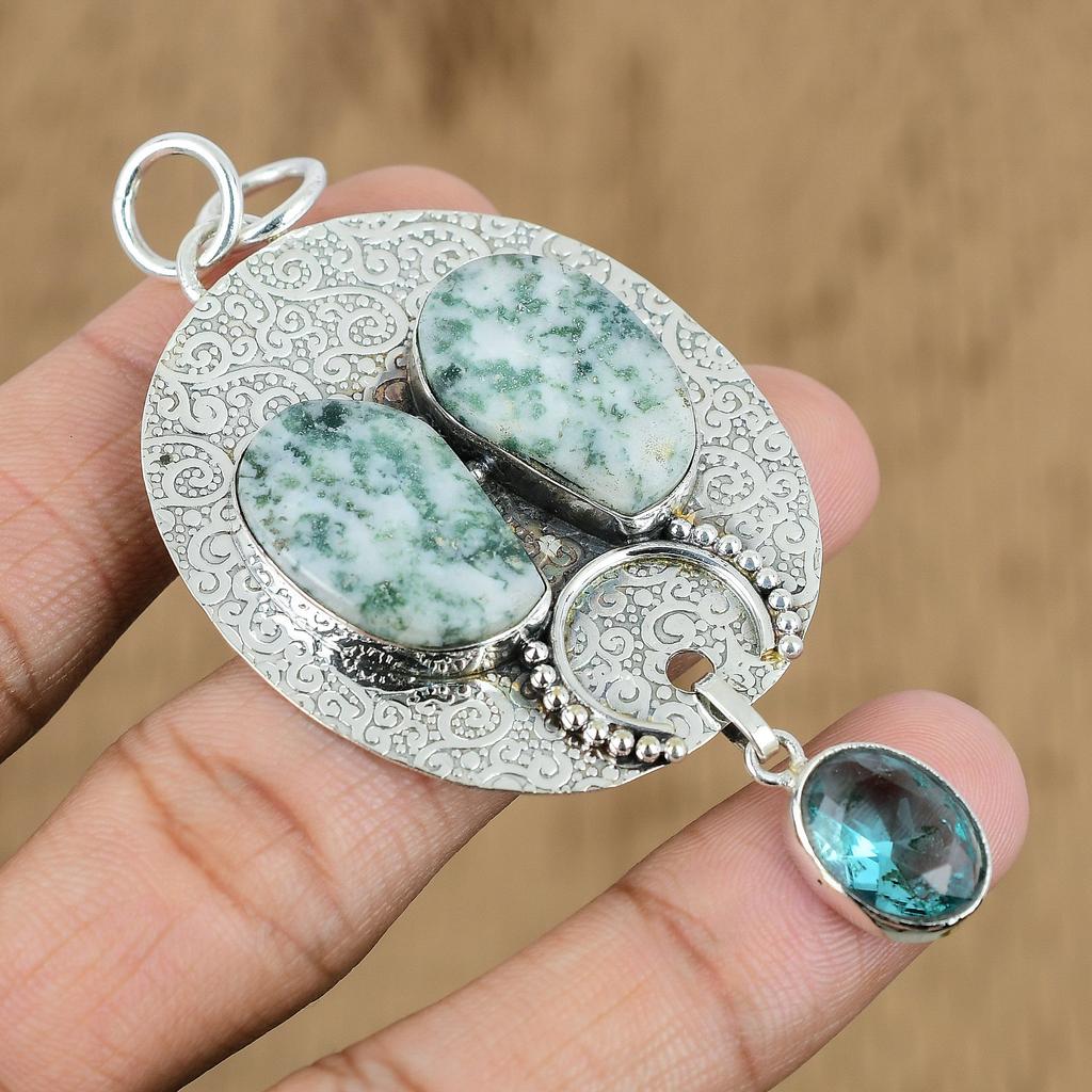Birthday Gift For Her Natural Tree Agate Gemstone Pendant 925 Sterling Silver