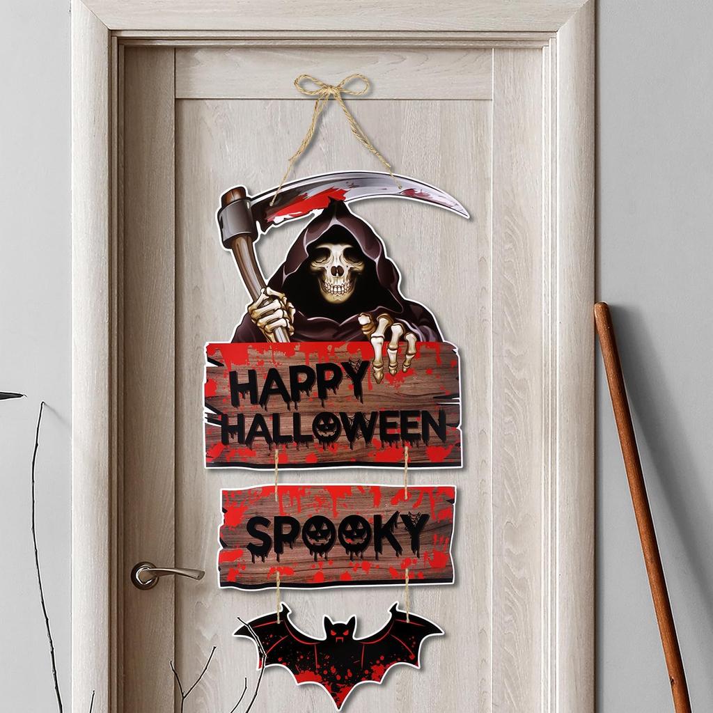 Halloween Hanging Door Sign Pumpkin Door Hanger Rustic Spooky Happy Halloween Wall Plaque for Indoor Outdoor Party Decoration