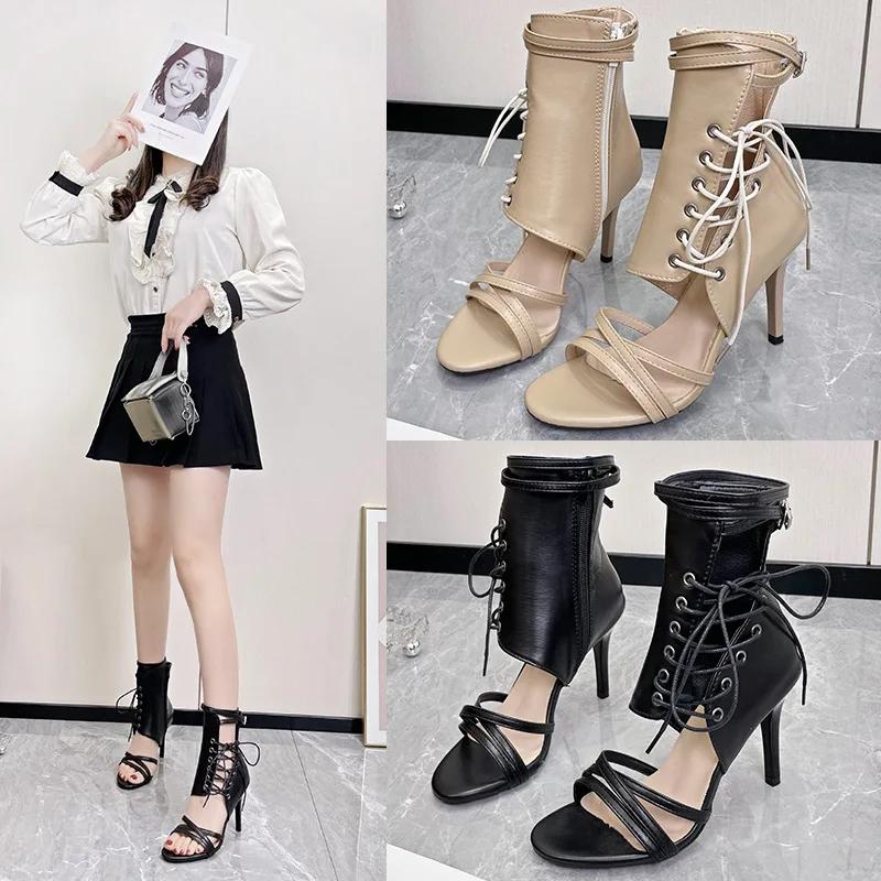 Fashion 2024 Summer Sandals Sexy Large Size Open Toe High Heels Female Shoe Big Stiletto Peep High-heeled Lace Up Fashion Girls Beige Co