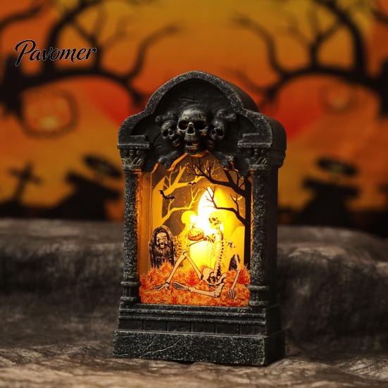Horror Theme Party Decor Tombstone Candle Lantern, LED Lighted Spooky Graveyard Table Lamp, Halloween Pumpkin Bag Fillers Small Night Light