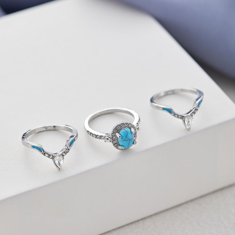 Bohemia European and American Retro Inlaid Imitation Turquoise Ring Set for Women Fashionable Ethnic Style Wedding Zircon