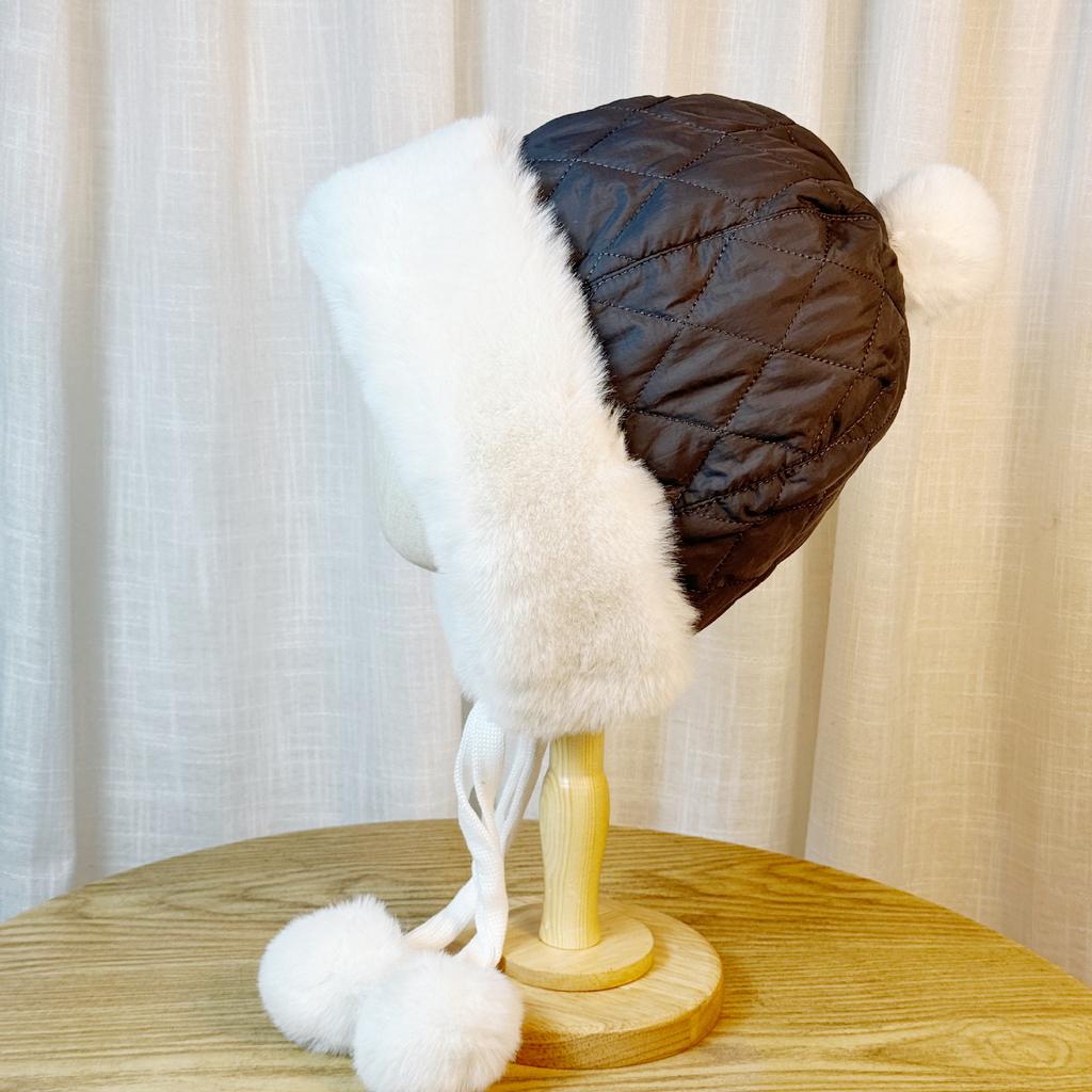 Down Cotton Lei Feng Hat for Women Korean Version Sweet and Cute Fur Ball Lei Feng Hat Winter Thickened Warm Ear Protection Plush Hat