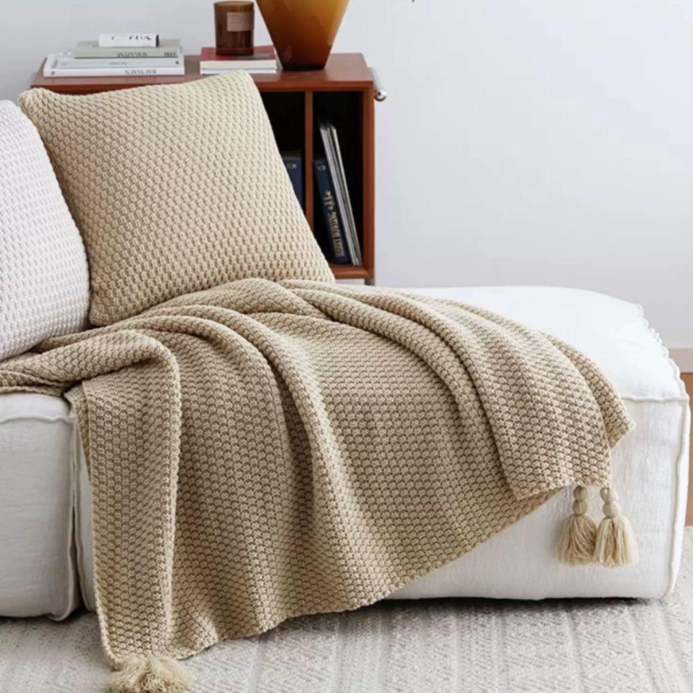 Waffle Pattern Nordic Knitted Blanket with Tassel Sofa Blanket Simple Nap Blanket  Bed