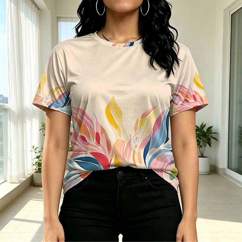 Women's Colorful Floral Series Short Sleeve T-Shirt, Basic Versatile Style, Soft Loose Fit, Perfect for Daily Casual & Shopping